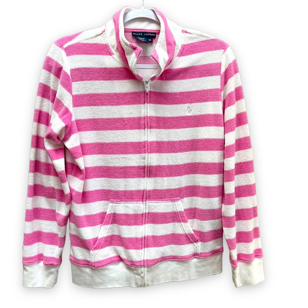 Ralph Lauren Pink & White Striped Terry Cloth Full Zip Pockets Jacket M